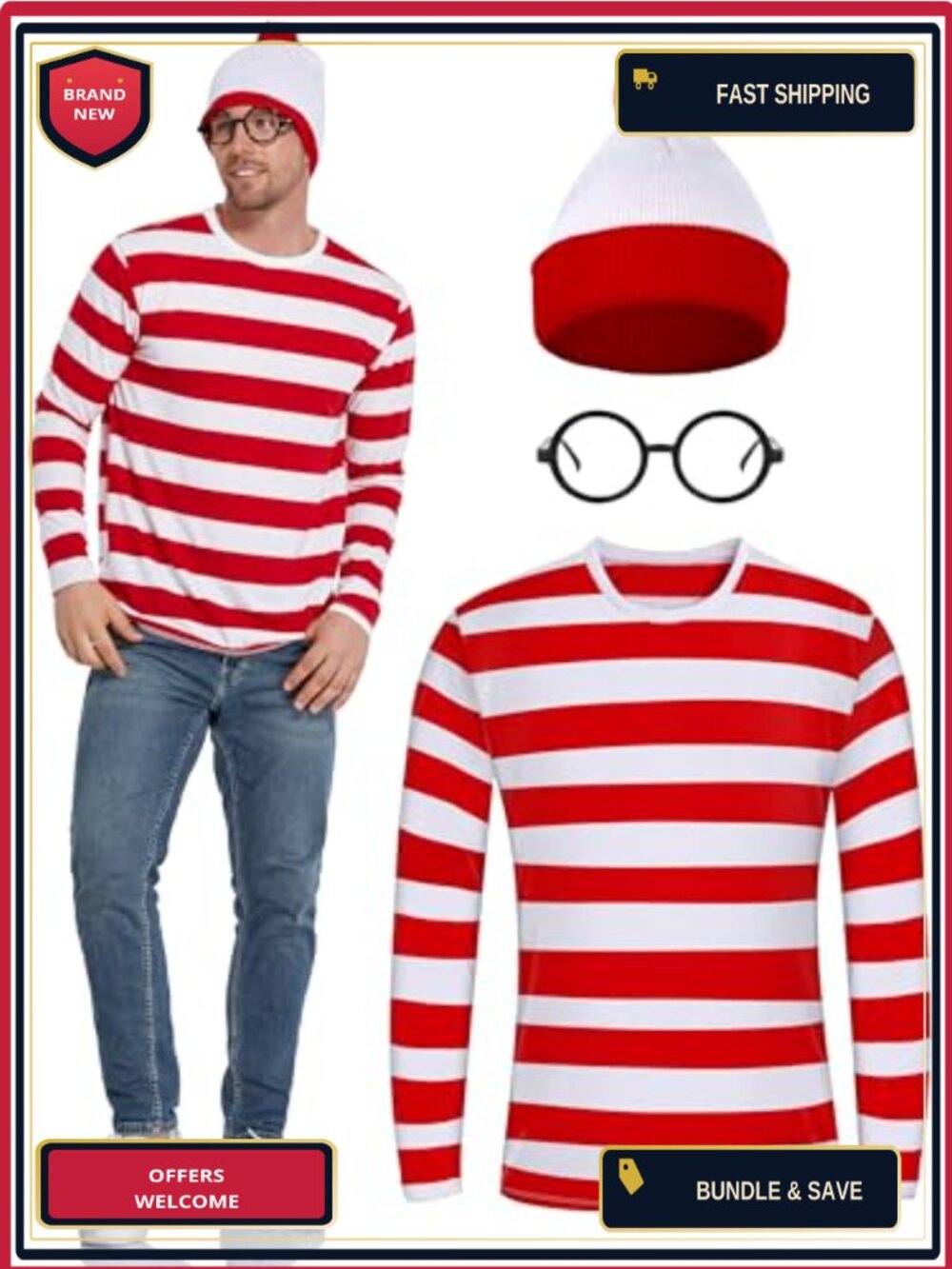 Adult Halloween Costume Set Long Sleeve Tee Beanie Nerd Glasses